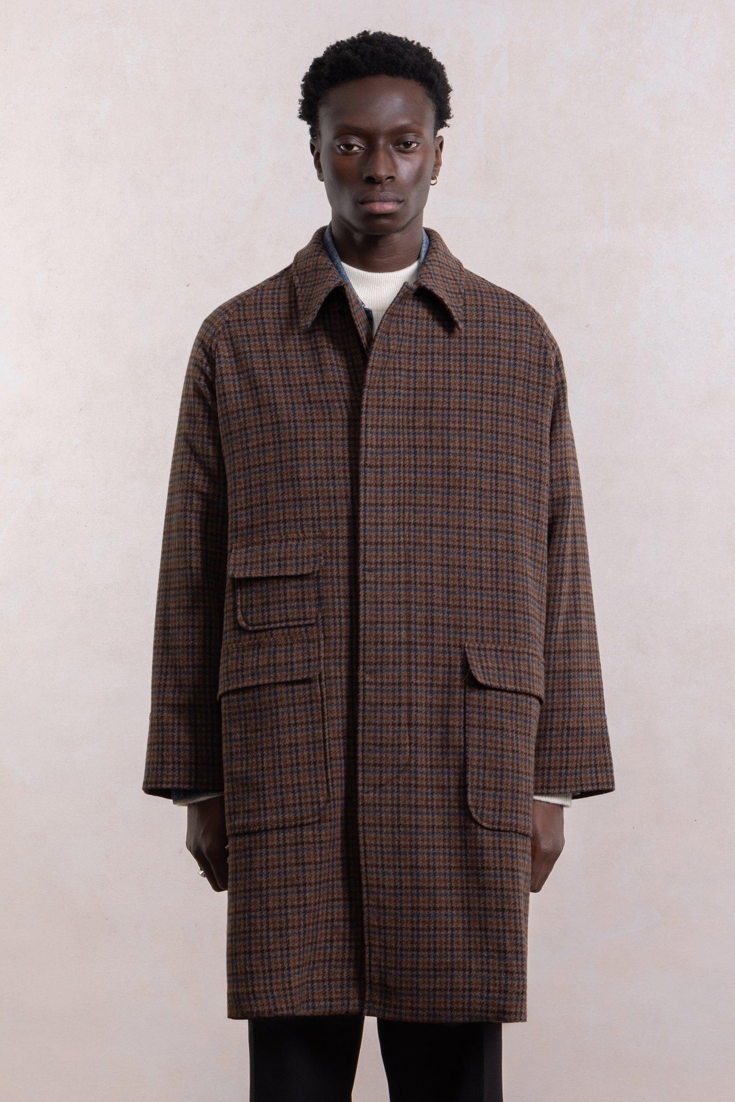Manteau Balmacaan en laine - Pied de poule Marron