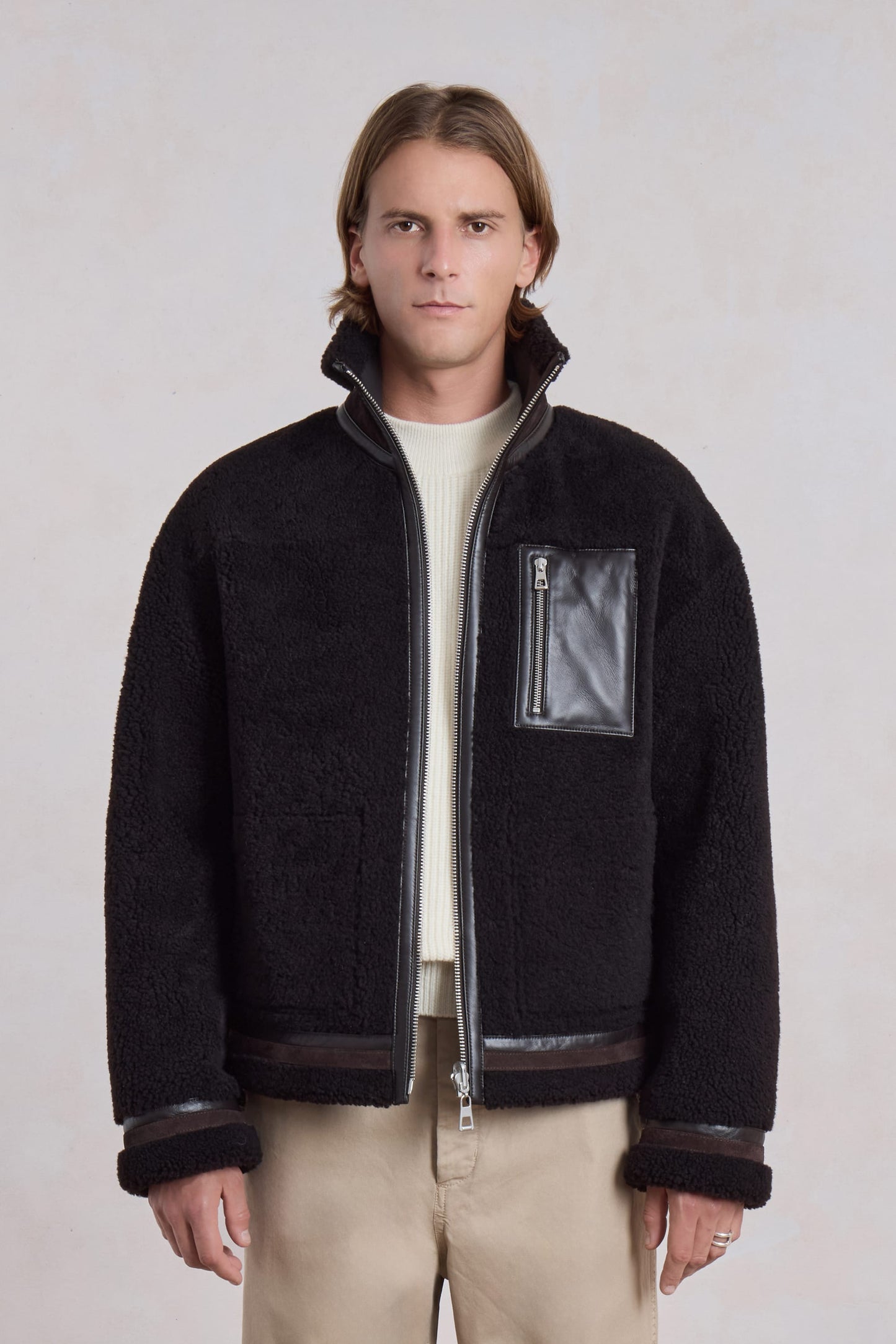 Blouson en peau lainée réversible - Marron foncé