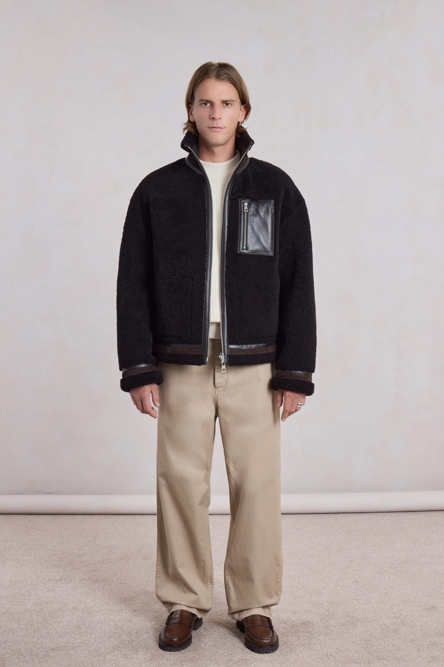 Blouson en peau lainée réversible - Marron foncé