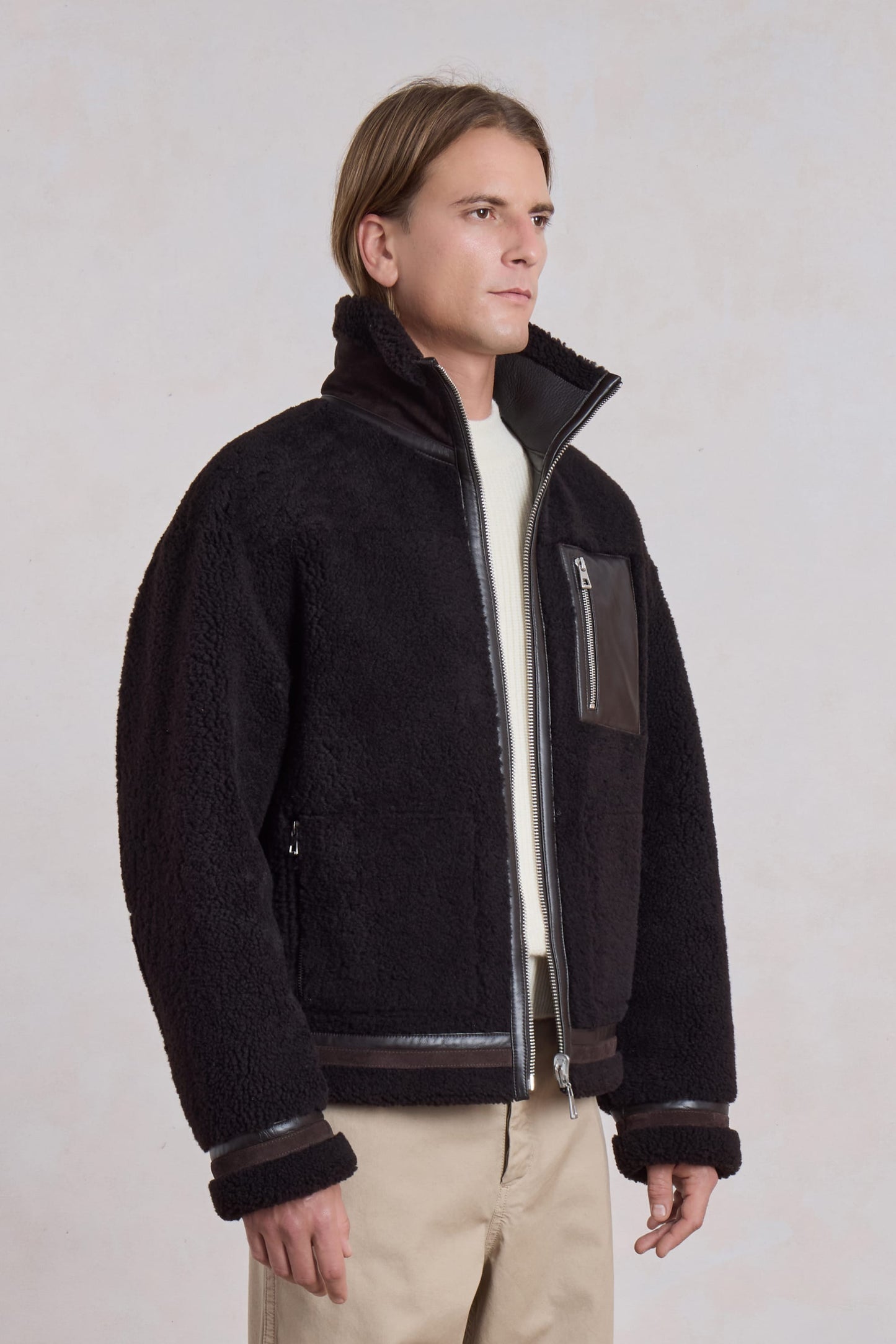 Blouson en peau lainée réversible - Marron foncé