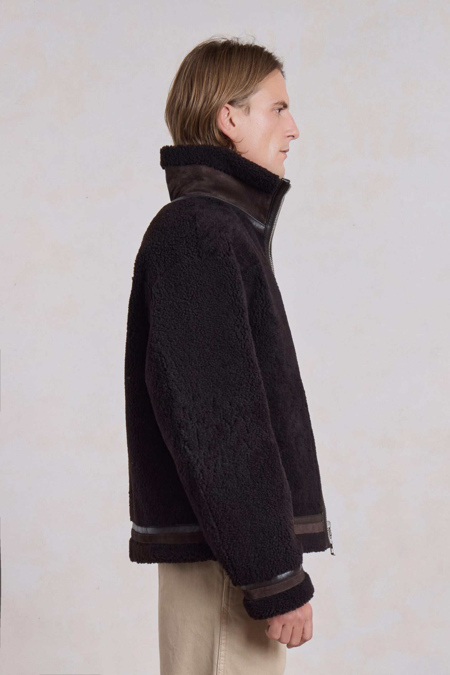 Blouson en peau lainée réversible - Marron foncé