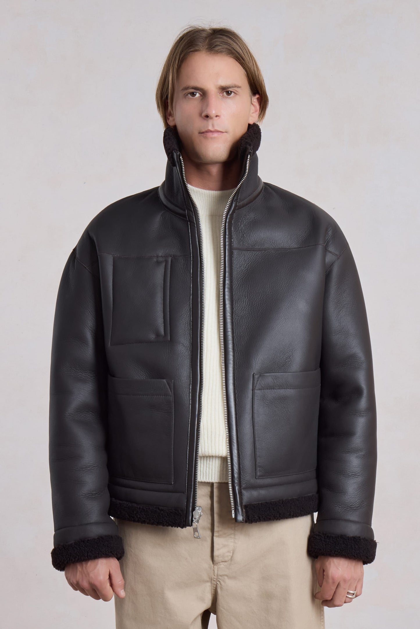Blouson en peau lainée réversible - Marron foncé