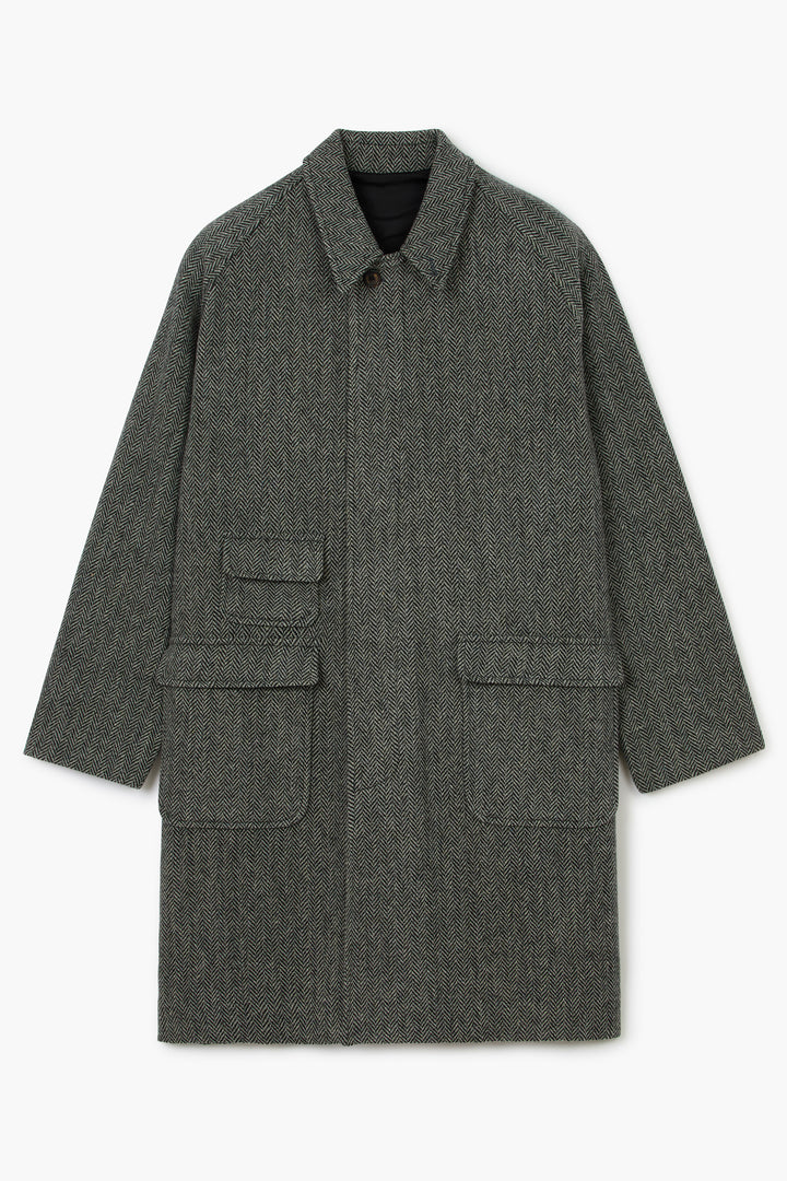 Balmacaan Wool Coat - Herringbone Grey