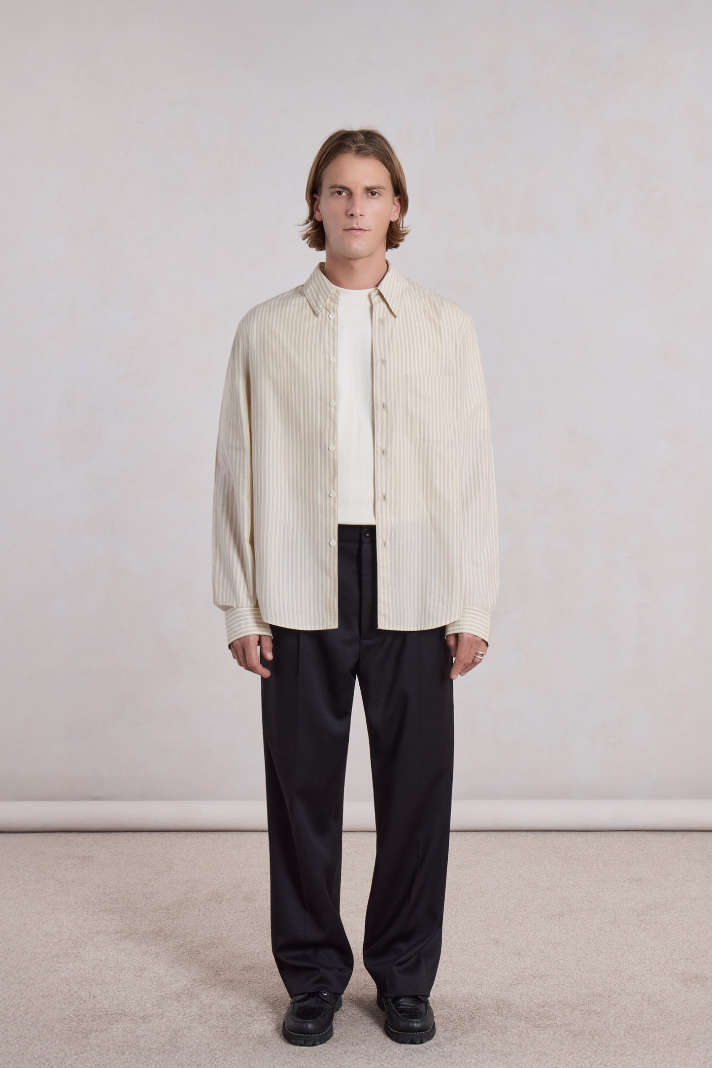 Corporate shirt - Popeline de coton rayé beige/blanc