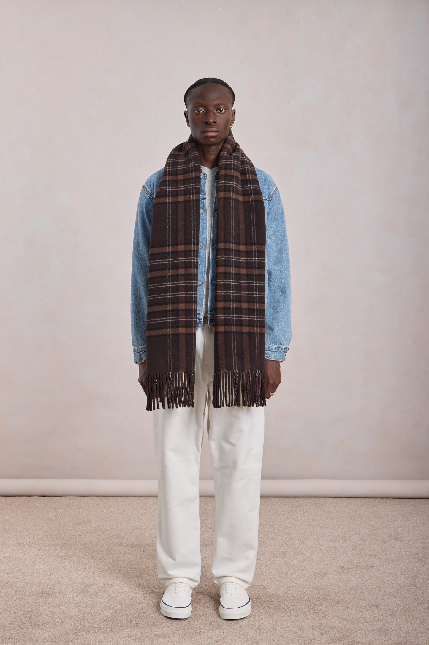 Écharpe à Carreaux en Laine Marron