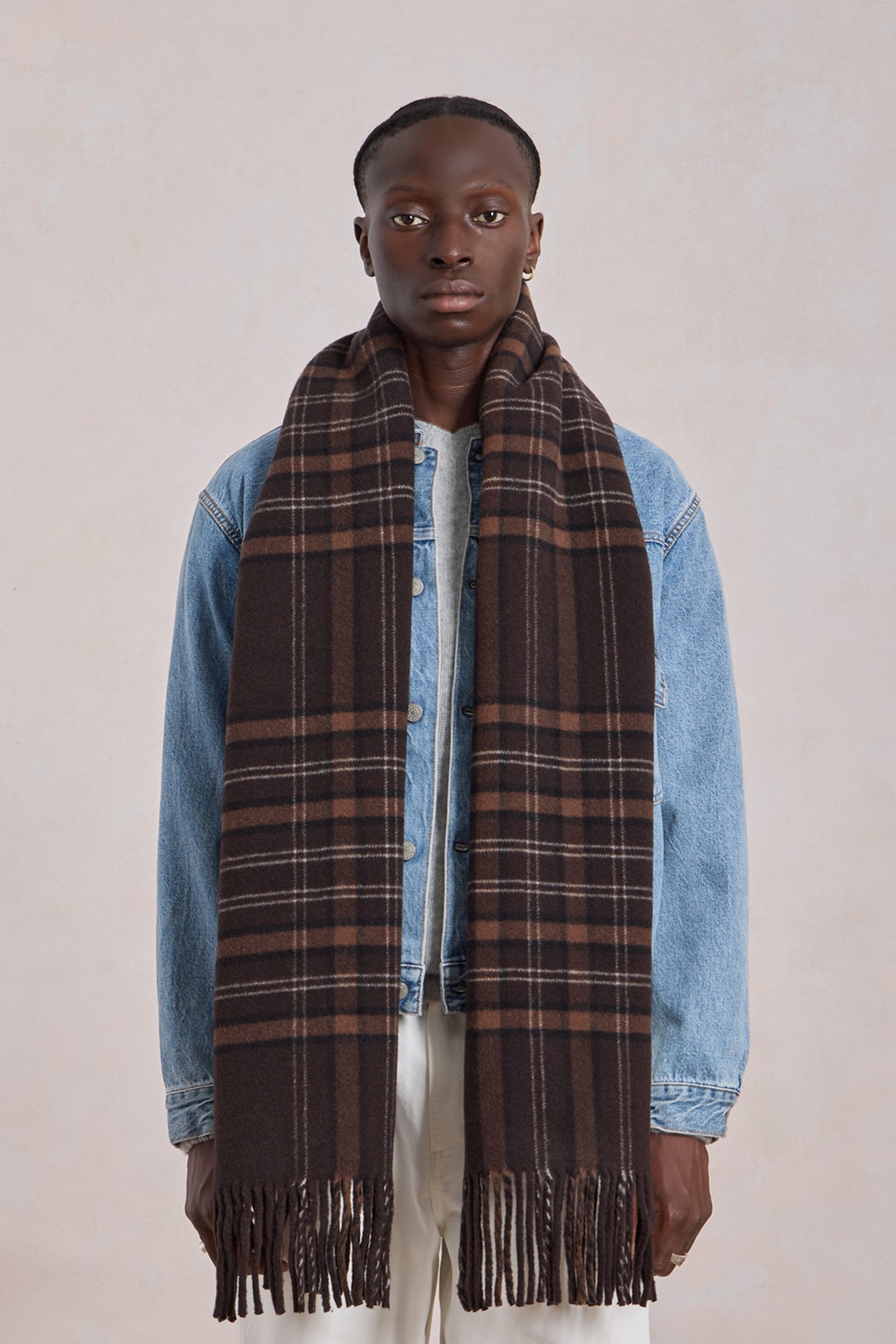 Écharpe à Carreaux en Laine Marron