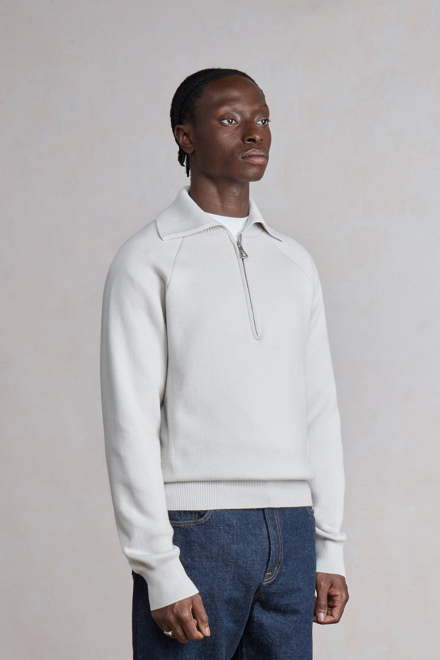 Zipped Polo Raglan - Light Grey melange