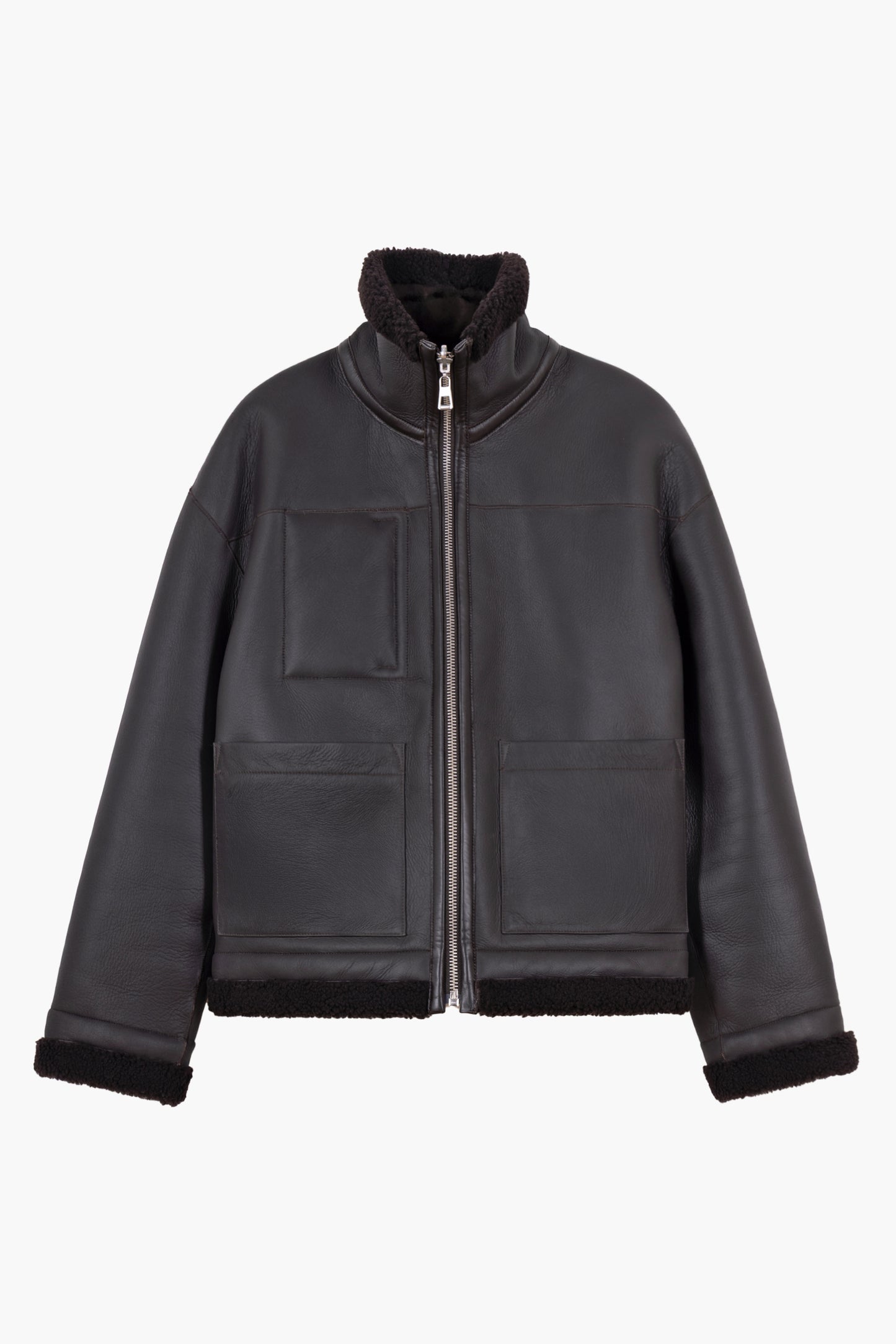 Blouson en peau lainée réversible - Marron foncé