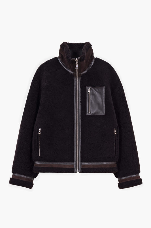 Blouson en peau lainée réversible - Marron foncé