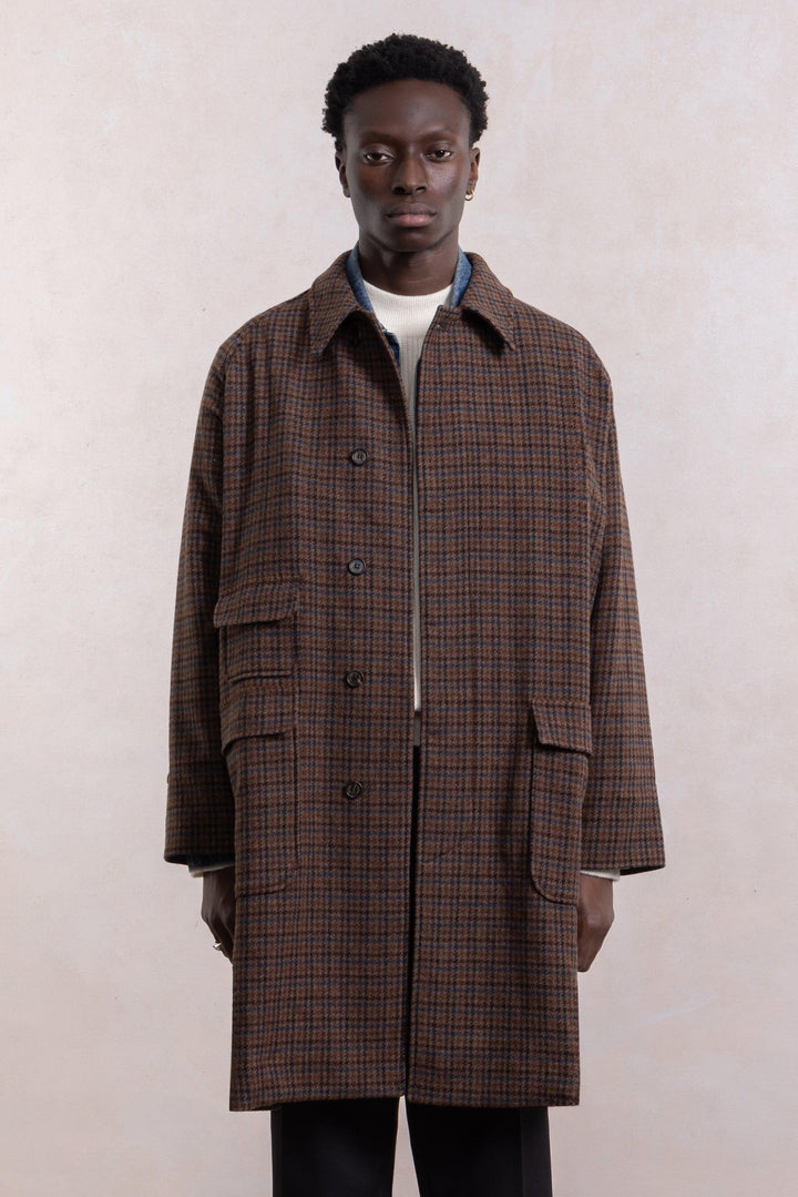 Balmacaan Wool Coat - Brown Houndstooth