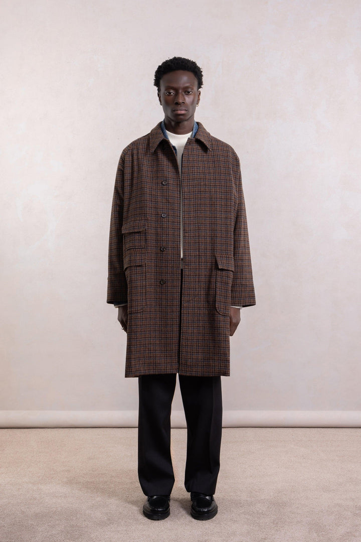 Balmacaan Wool Coat - Brown Houndstooth