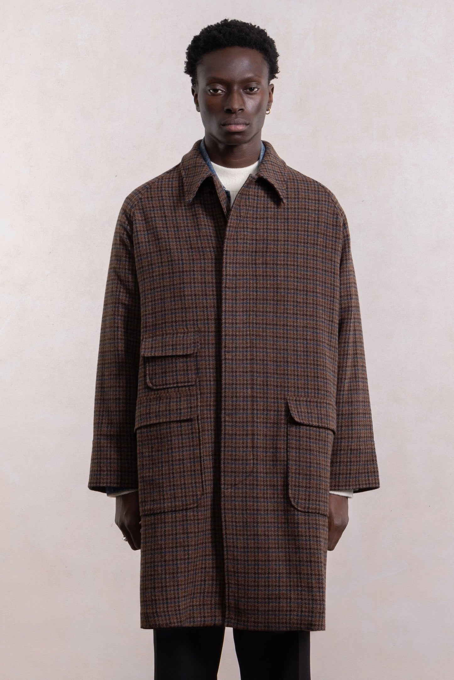 Balmacaan Wool Coat - Brown Houndstooth