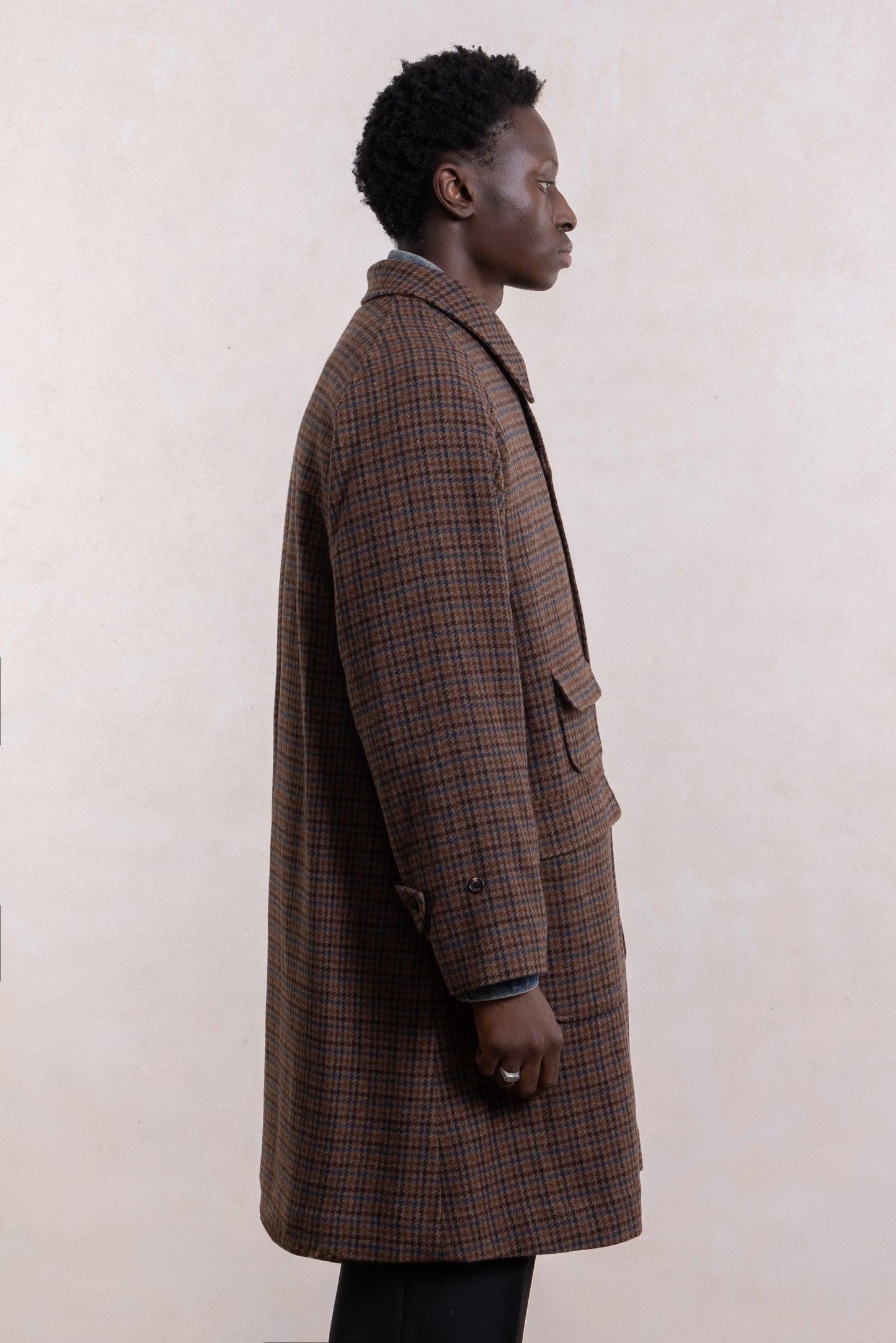 Balmacaan Wool Coat - Brown Houndstooth