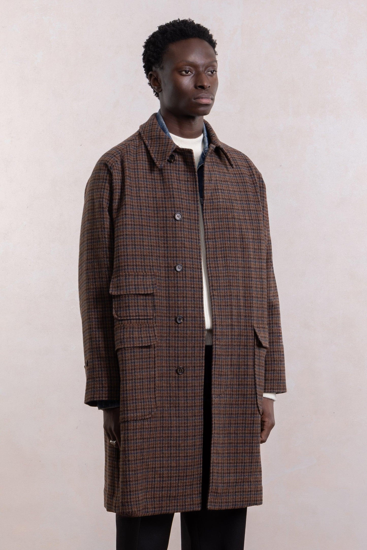 Balmacaan Wool Coat - Brown Houndstooth