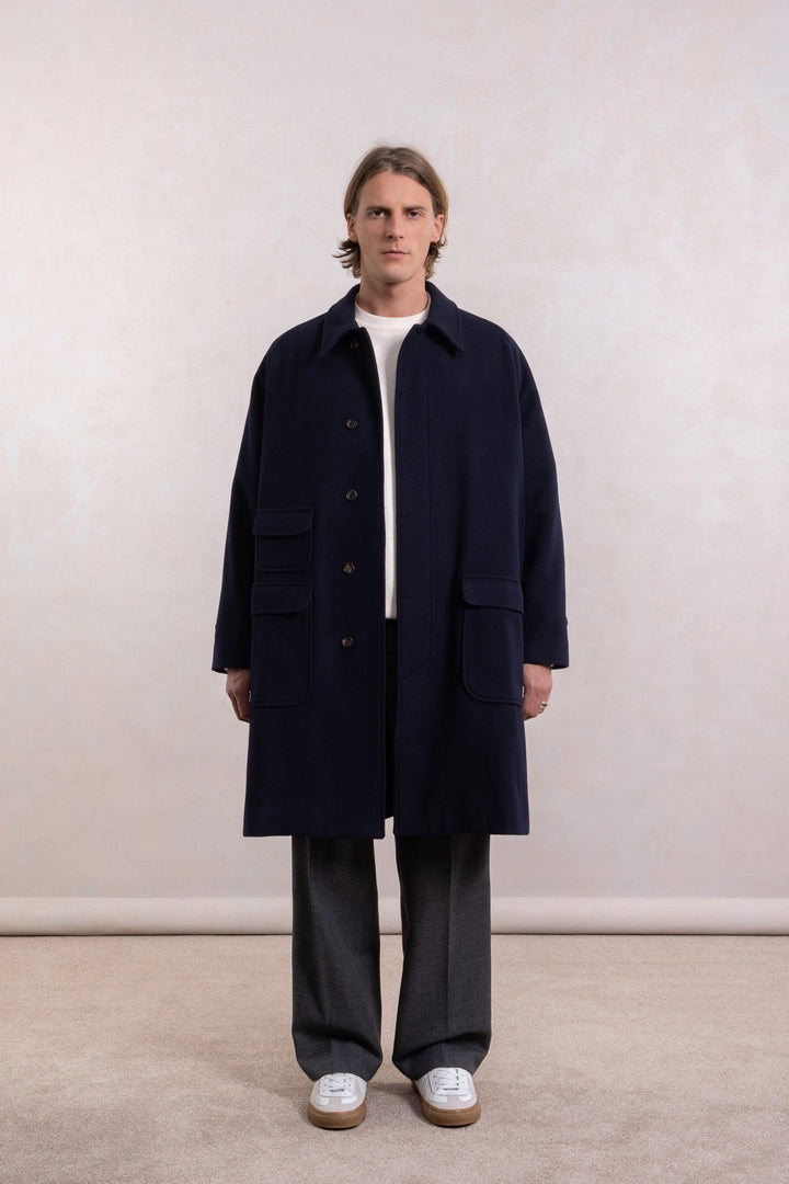 Balmacaan Wool Coat - Navy