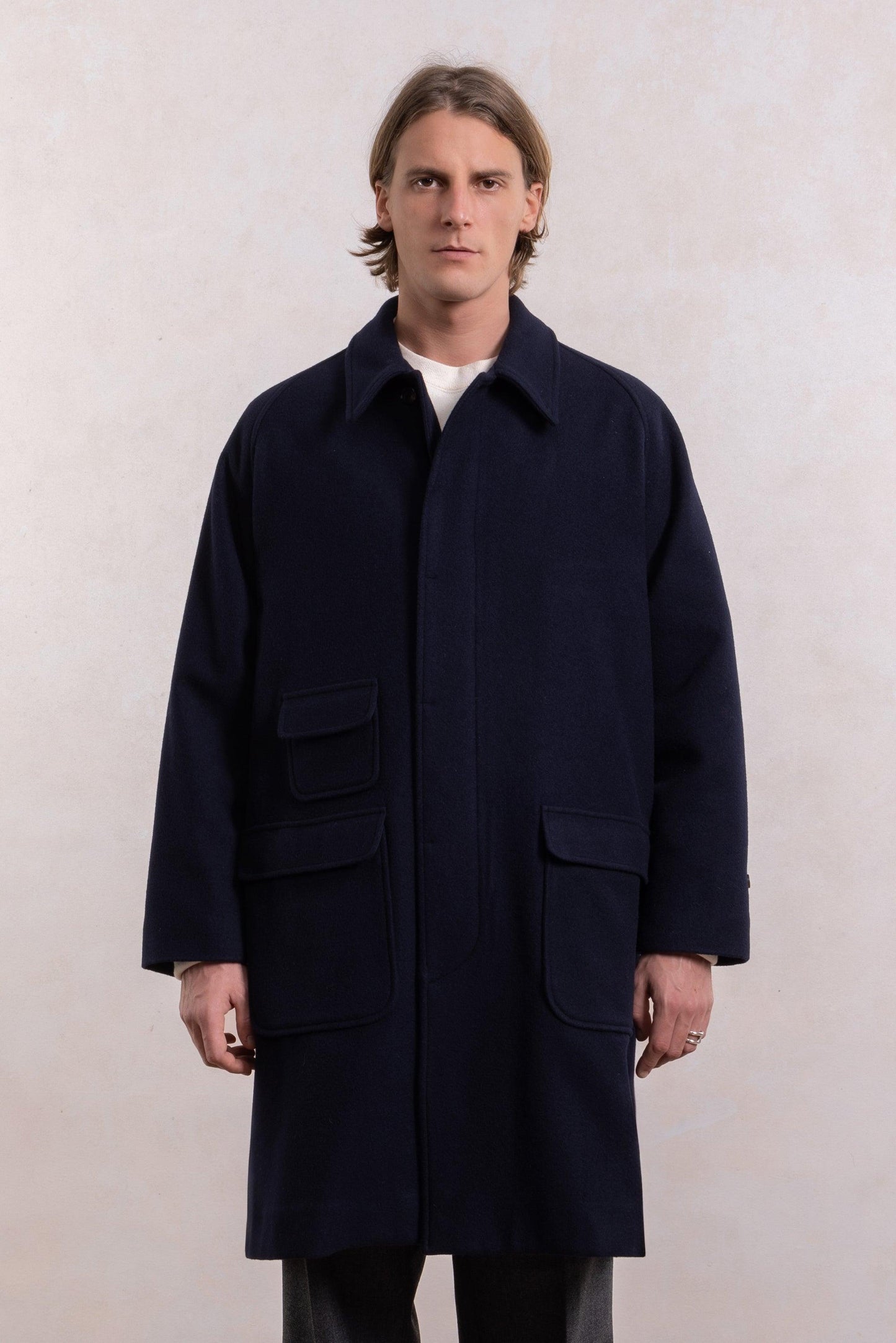 Balmacaan Wool Coat - Navy