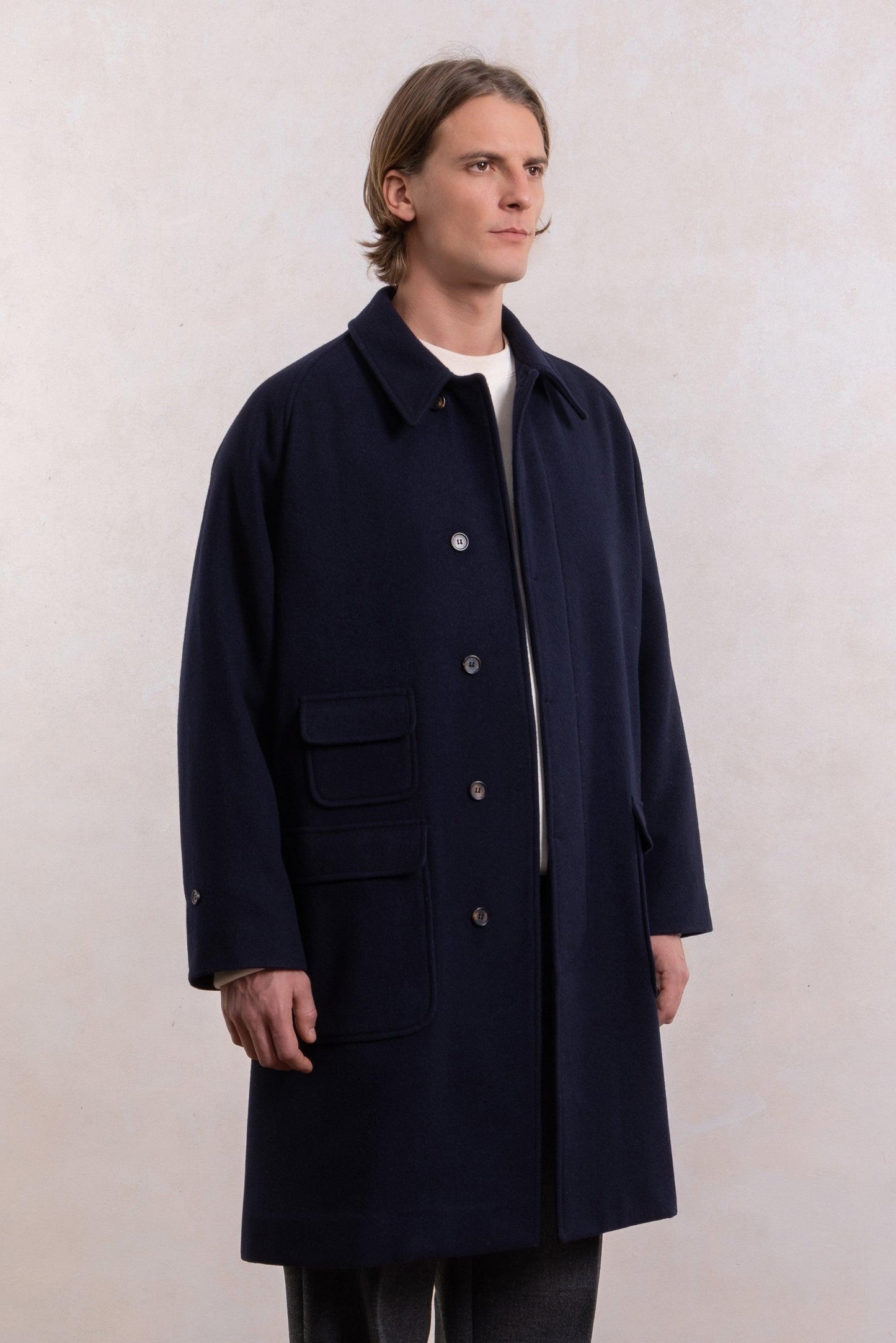 Balmacaan Wool Coat - Navy