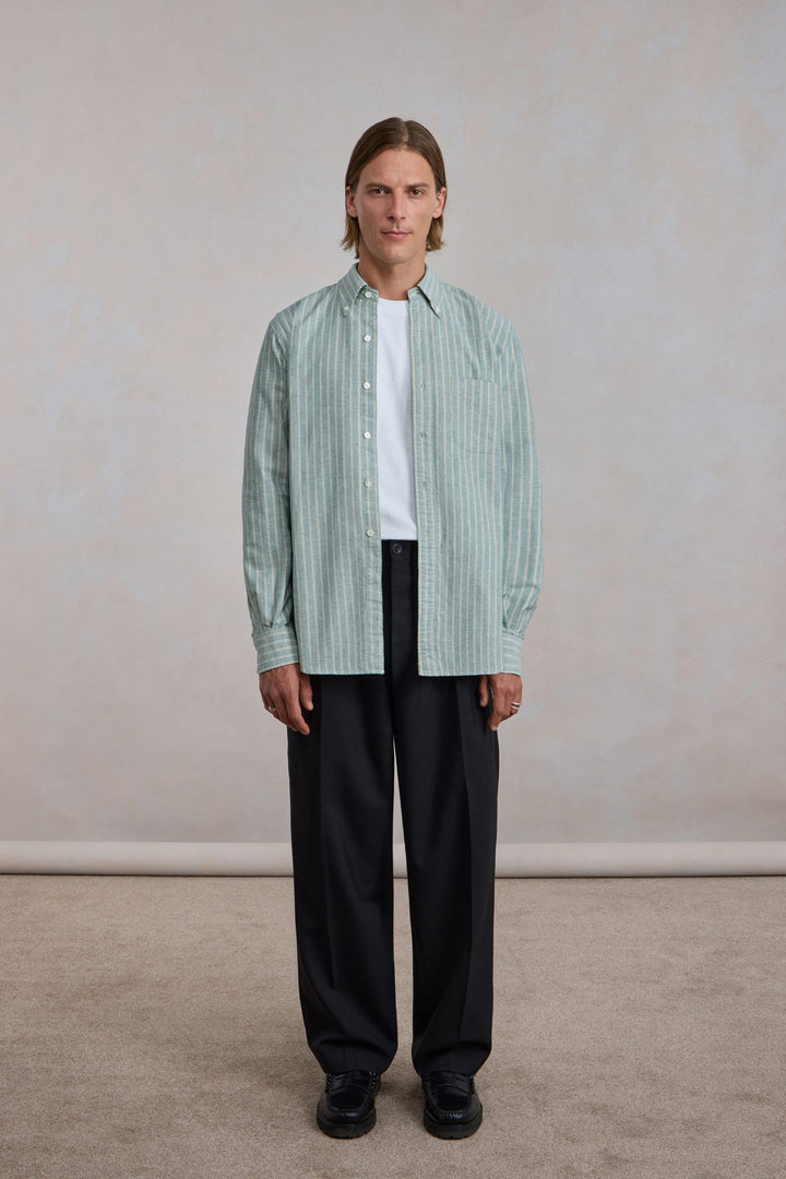 'Vintage Ivy' Shirt - Green/Ecru Striped Oxford