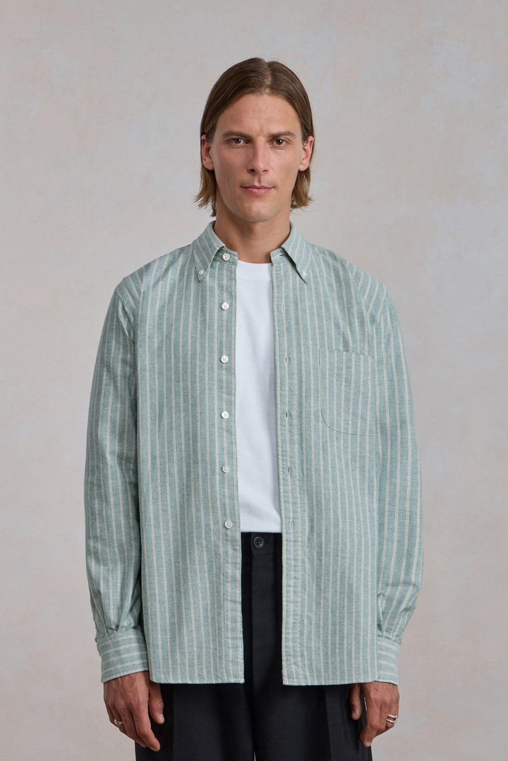 'Vintage Ivy' Shirt - Green/Ecru Striped Oxford