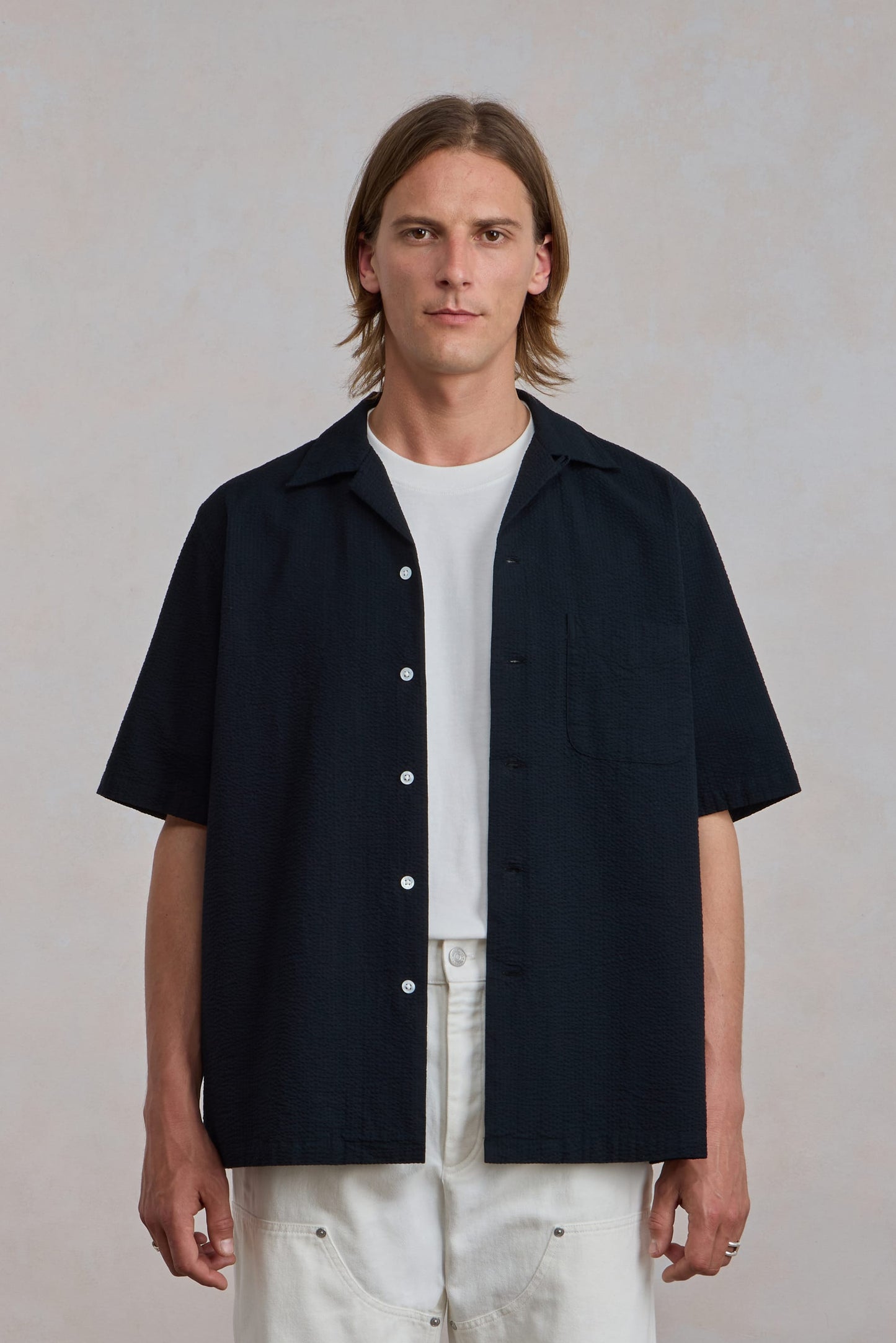 Overhemd met korte mouwen ‘The Seersucker Bowling Shirt’ - Zwarte seersucker