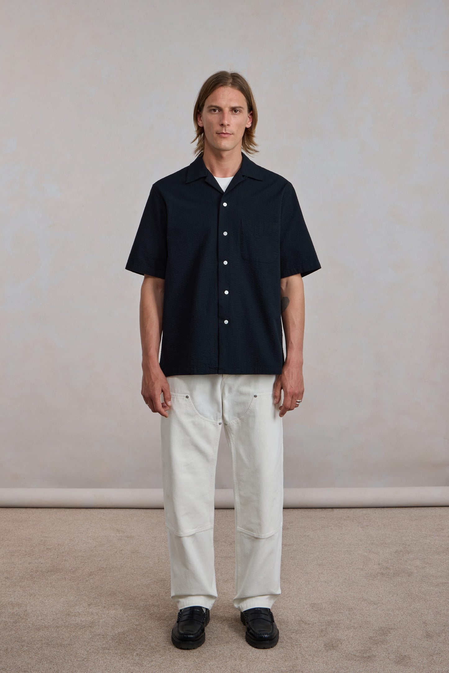 Overhemd met korte mouwen ‘The Seersucker Bowling Shirt’ - Zwarte seersucker