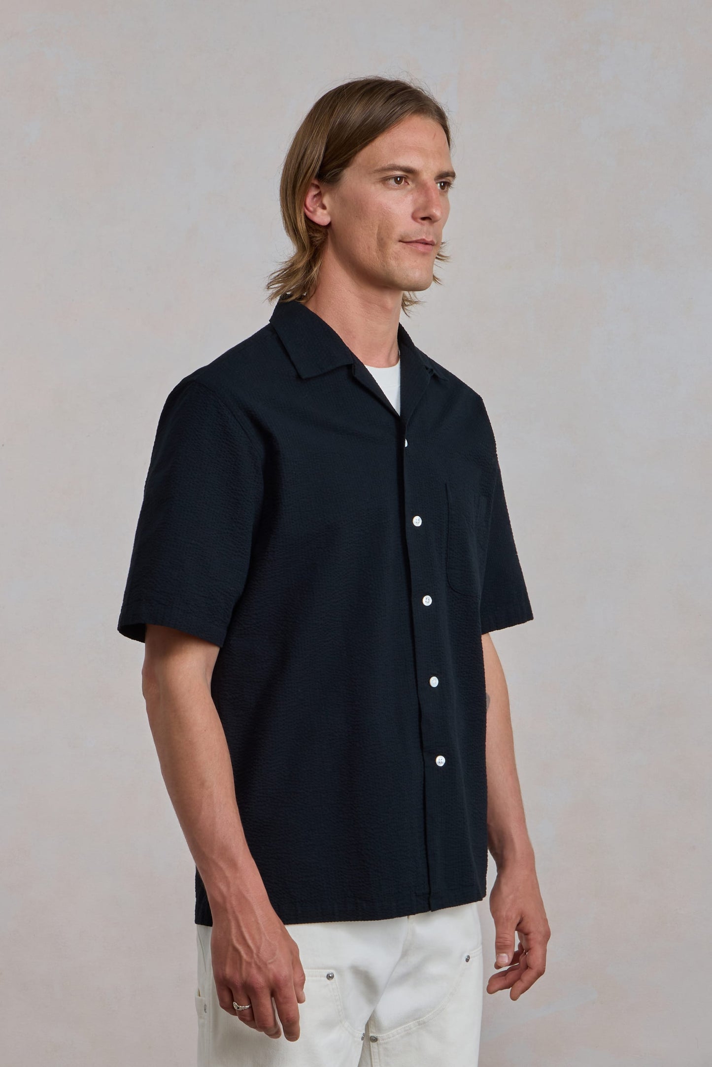 Overhemd met korte mouwen ‘The Seersucker Bowling Shirt’ - Zwarte seersucker