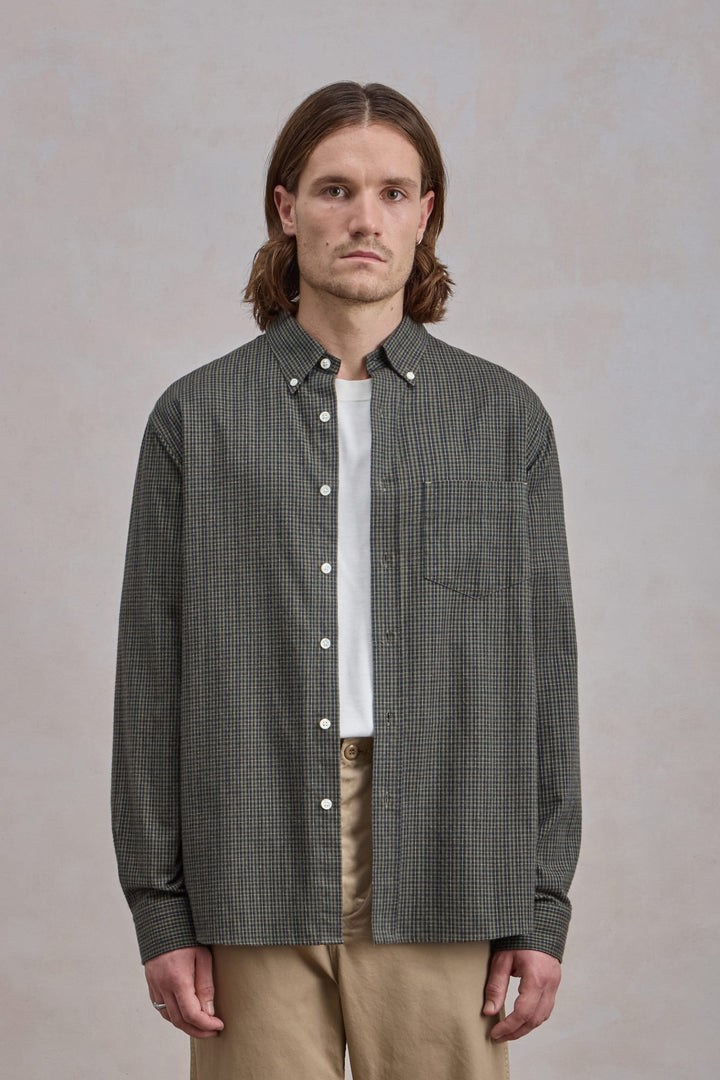 Dad's shirt - Coton brossé à micro carreaux Vert Foncé/Vert