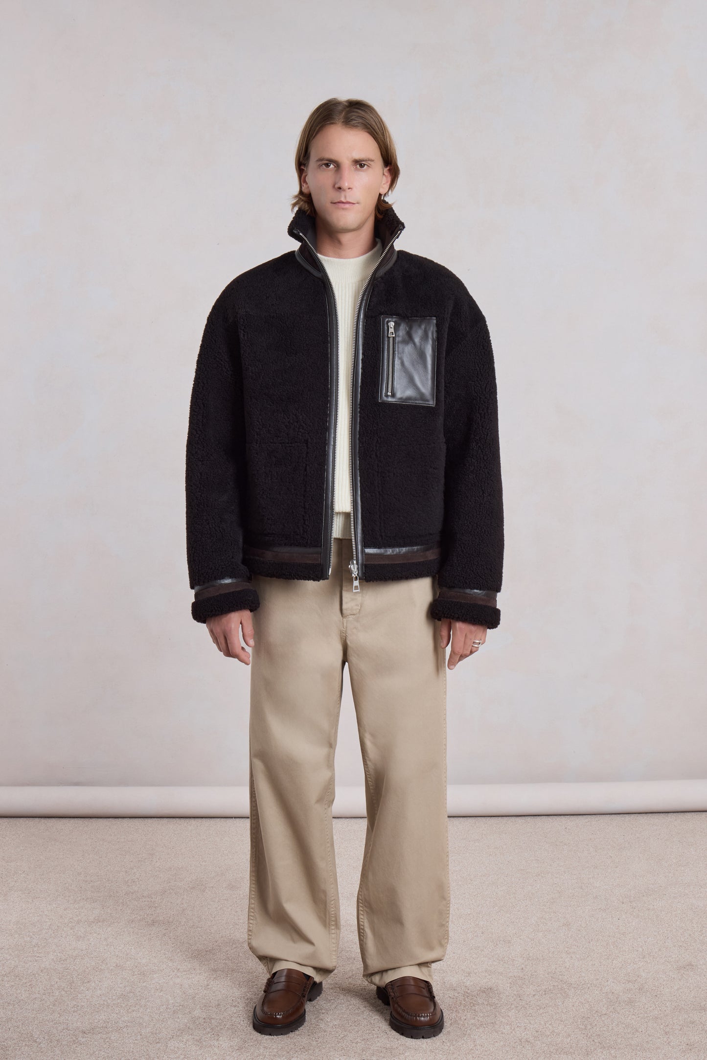 Blouson en peau lainée réversible - Marron foncé