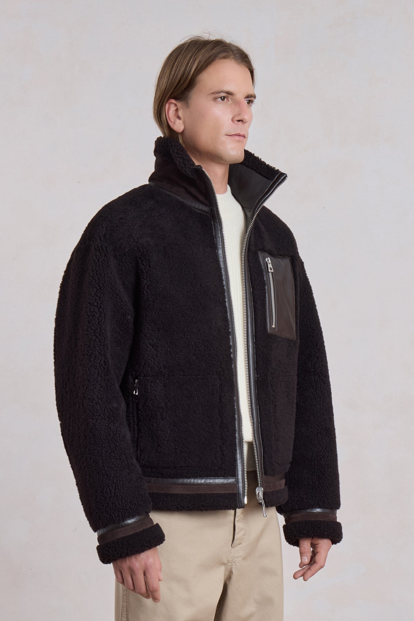 Blouson en peau lainée réversible - Marron foncé