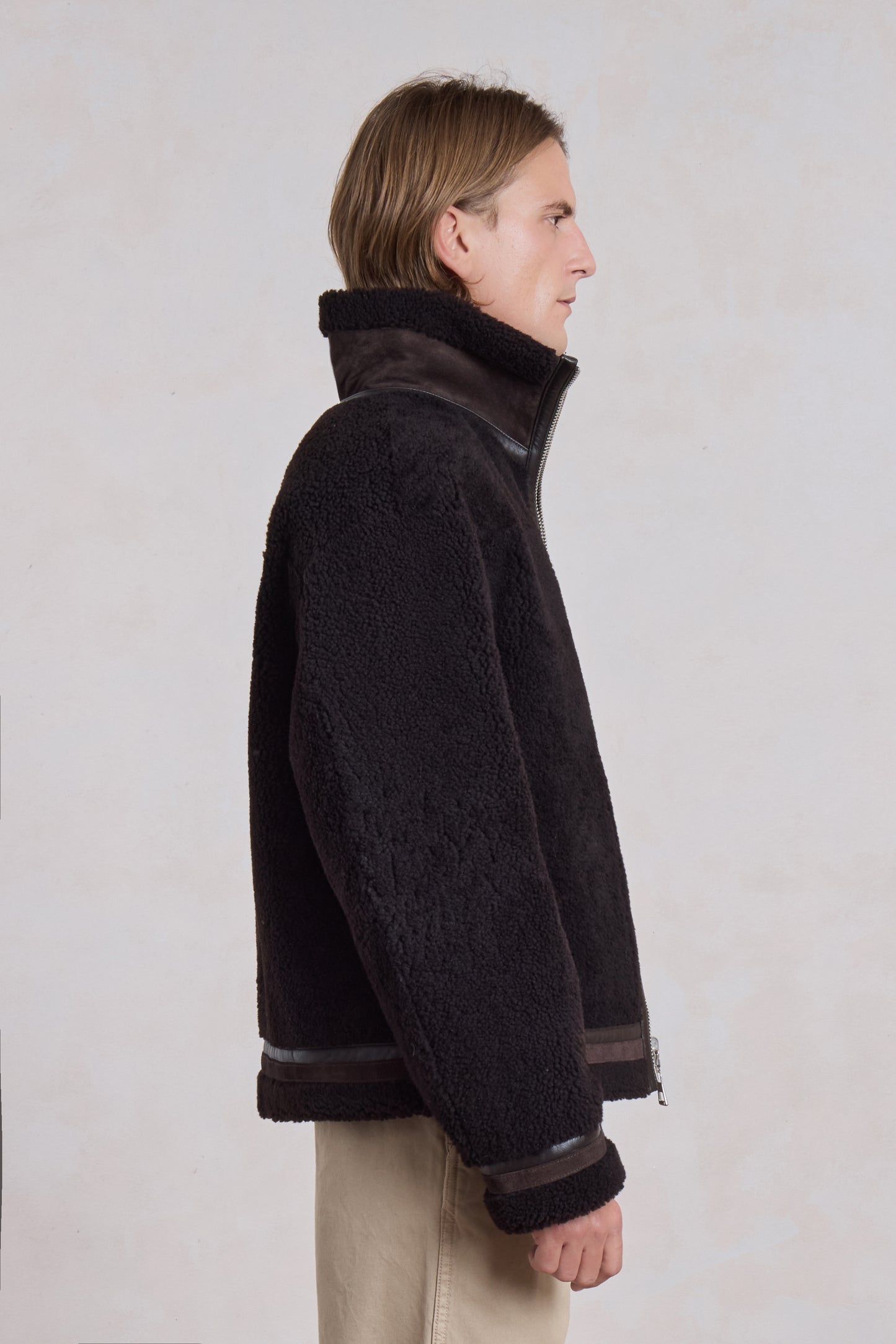 Blouson en peau lainée réversible - Marron foncé