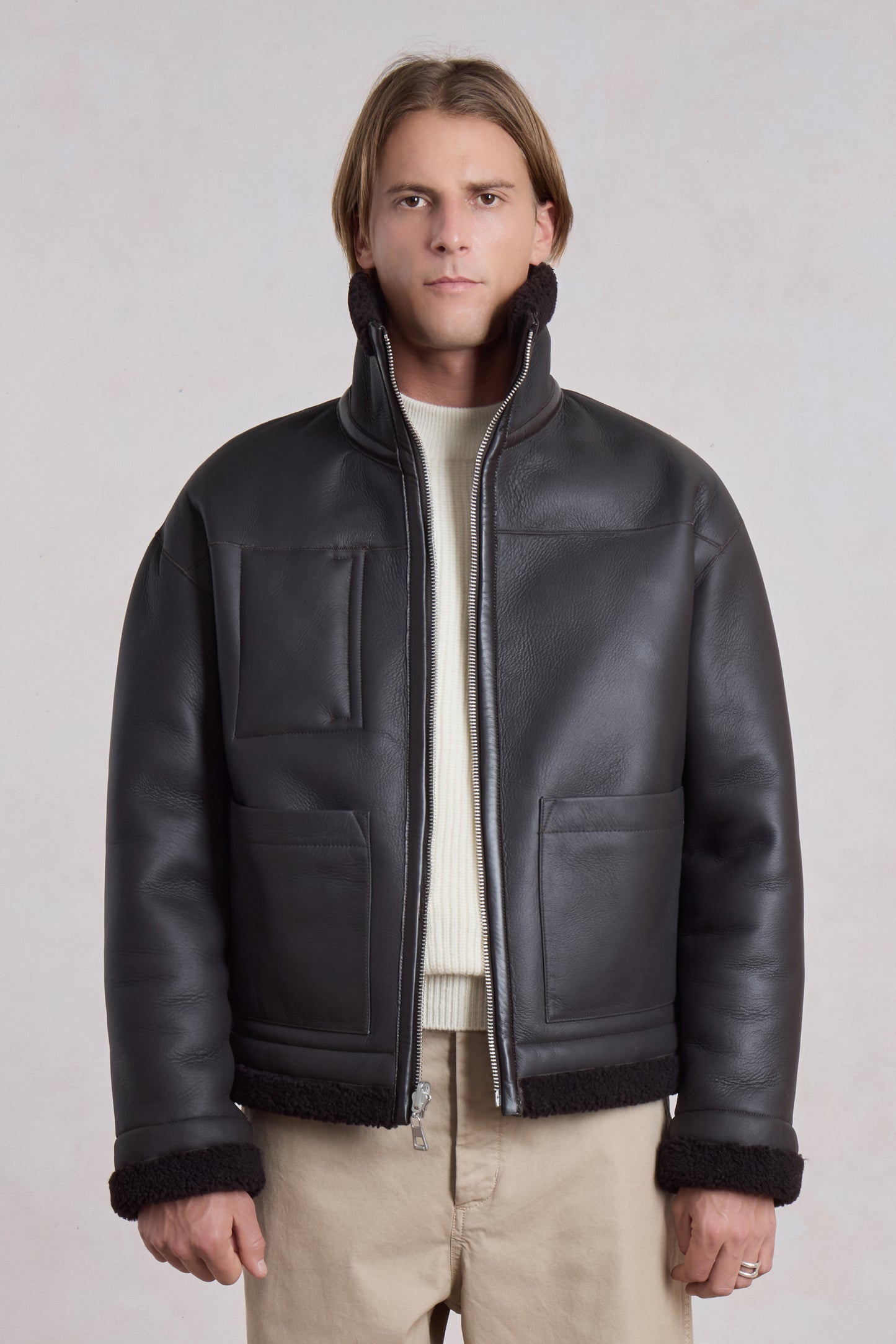 Blouson en peau lainée réversible - Marron foncé