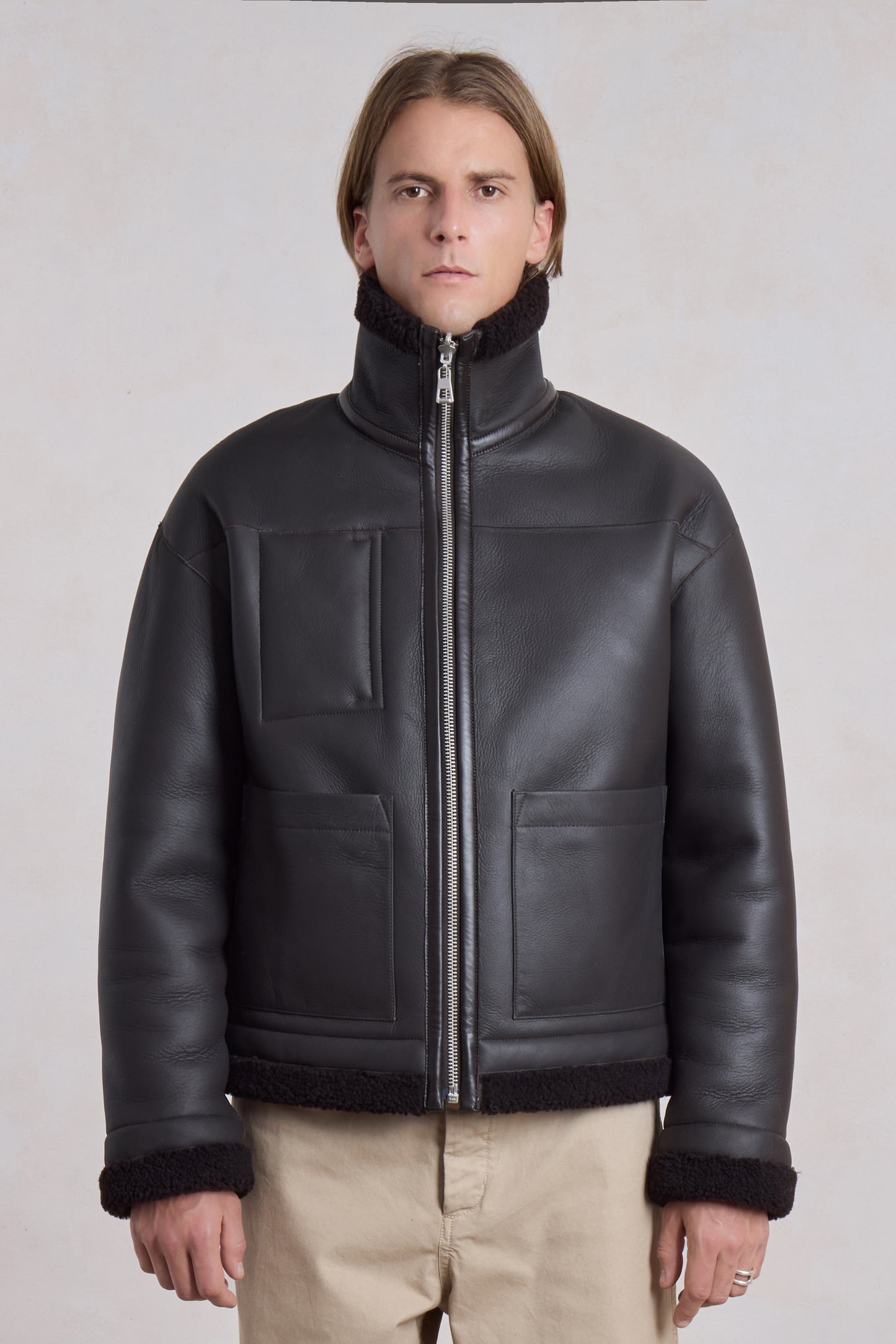 Blouson en peau lainée réversible - Marron foncé